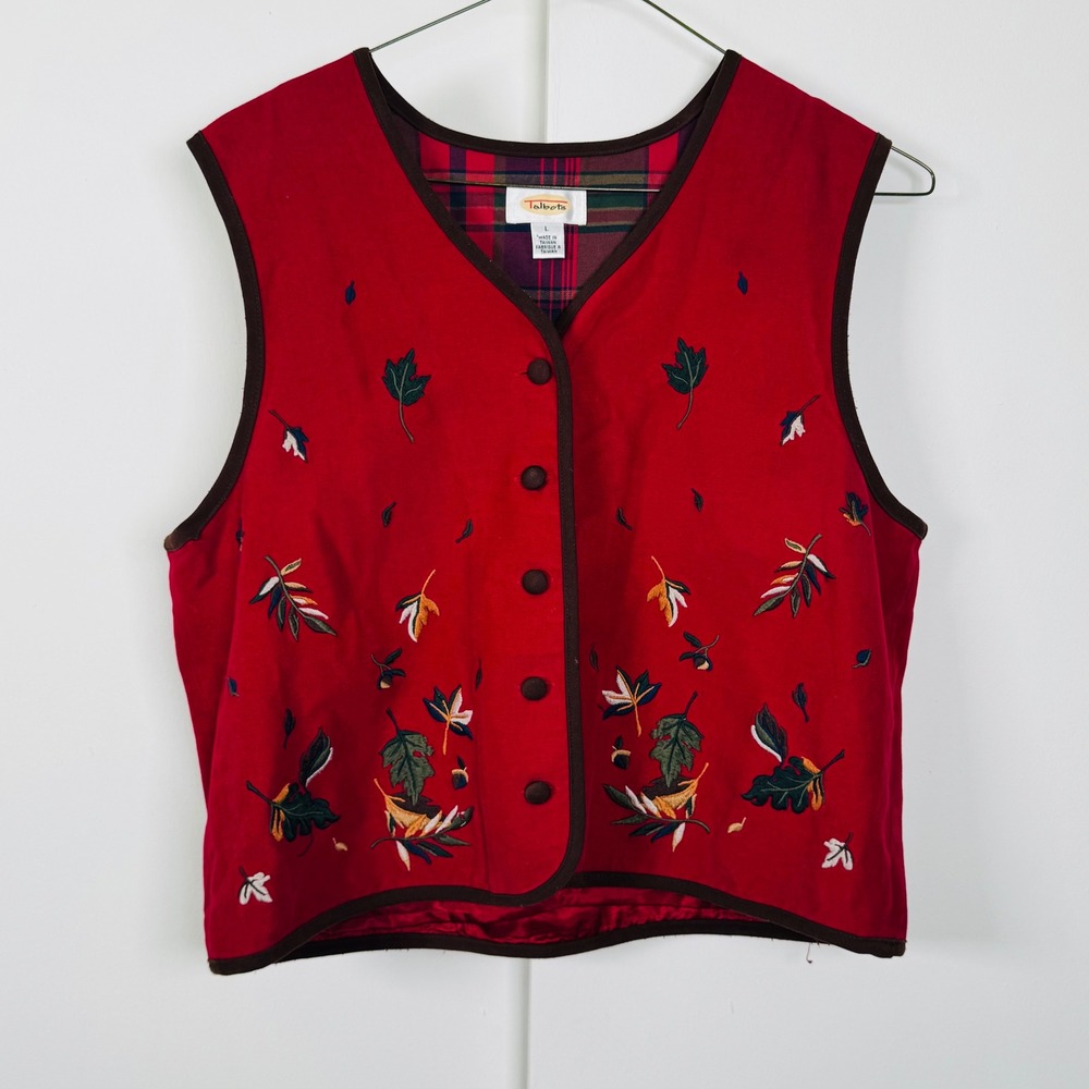 Talbots Vintage Red Cotton Embroidered Leaf Vest Autumn V-Neck Plaid Lining L